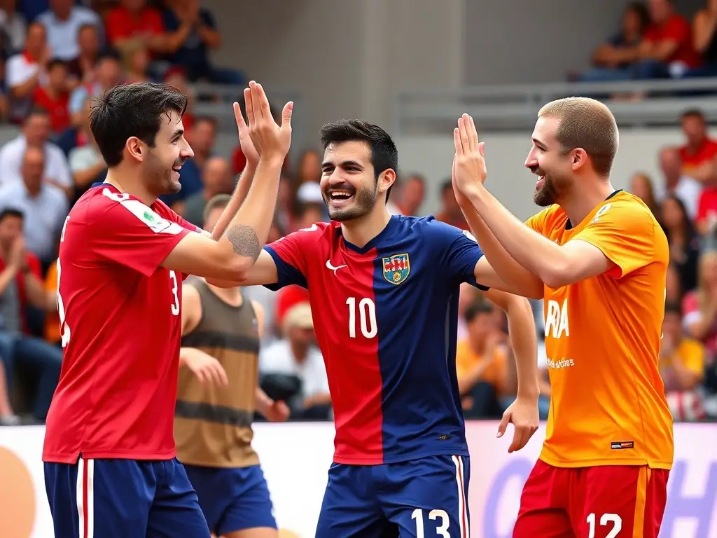 A vibrant image of international handball players from Denmark, France, and the Netherlands celebrating a goal during a competitive match. The photo should capture the spirit of international competition and camaraderie.
