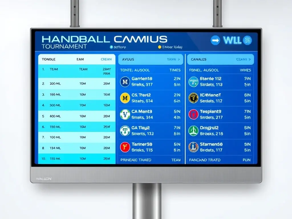 A digital display showing the tournament schedule and results, highlighting the professional digital tournament management system in use at the Handball Campus OWL.