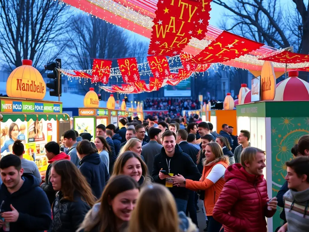 A lively scene from the Fanmeile, featuring food stalls, handball-themed games, and fans of all ages enjoying the festive atmosphere of the Wintercup.