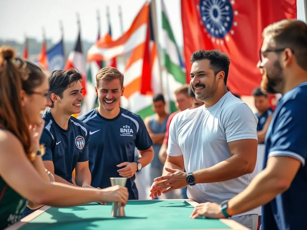A group of young handball players marching into the opening ceremony, proudly wearing their team jerseys and representing different nations in the Mini-WM.