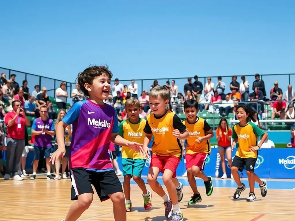 A vibrant image of young handball players celebrating a goal during a youth tournament at Handball Campus OWL, capturing the joy and camaraderie of the event.