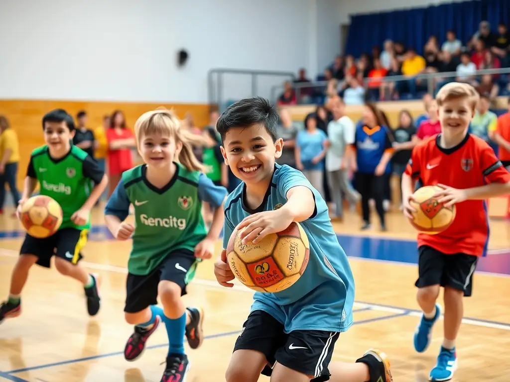A vibrant image of young handball players competing in the Mini-WM, highlighting the fun and competitive spirit of the youth tournament at Handball Campus OWL.