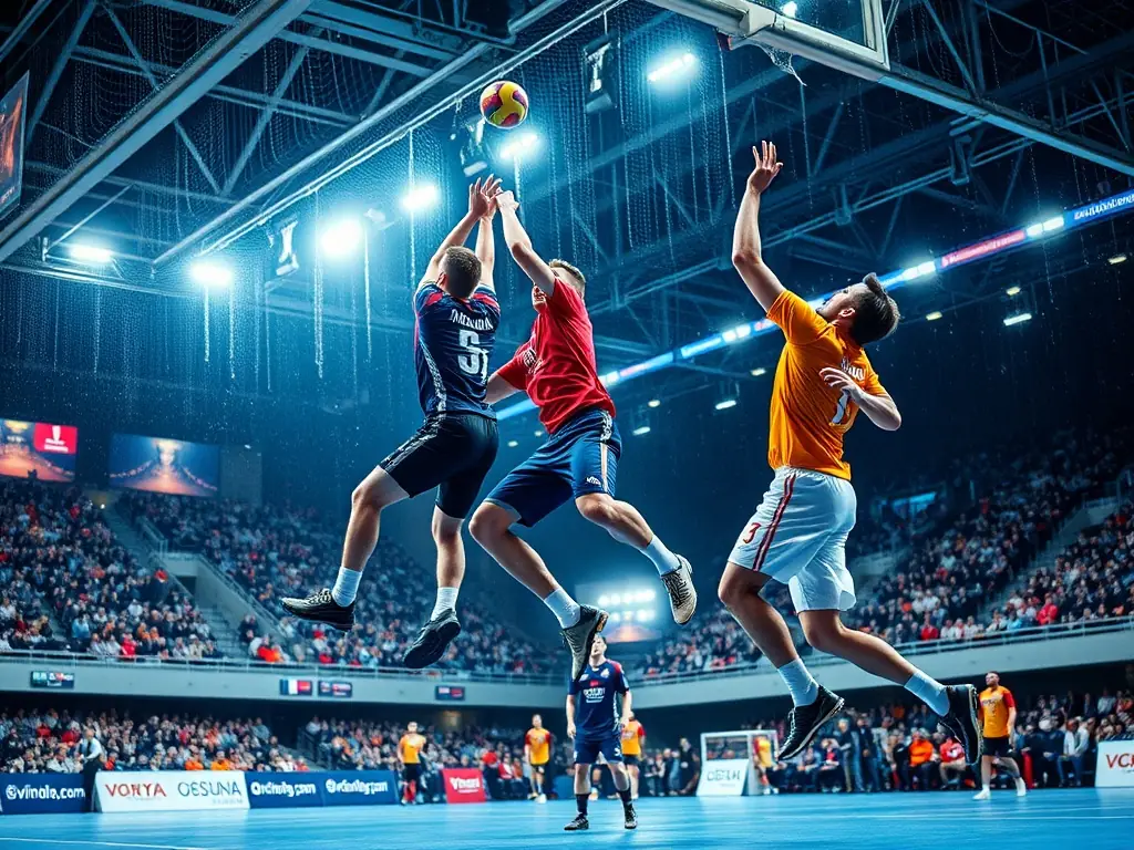 A dynamic shot of young handball players in action during a Junior Cup match, showcasing their energy and teamwork on the court. The background features the modern sports hall with spectators cheering.