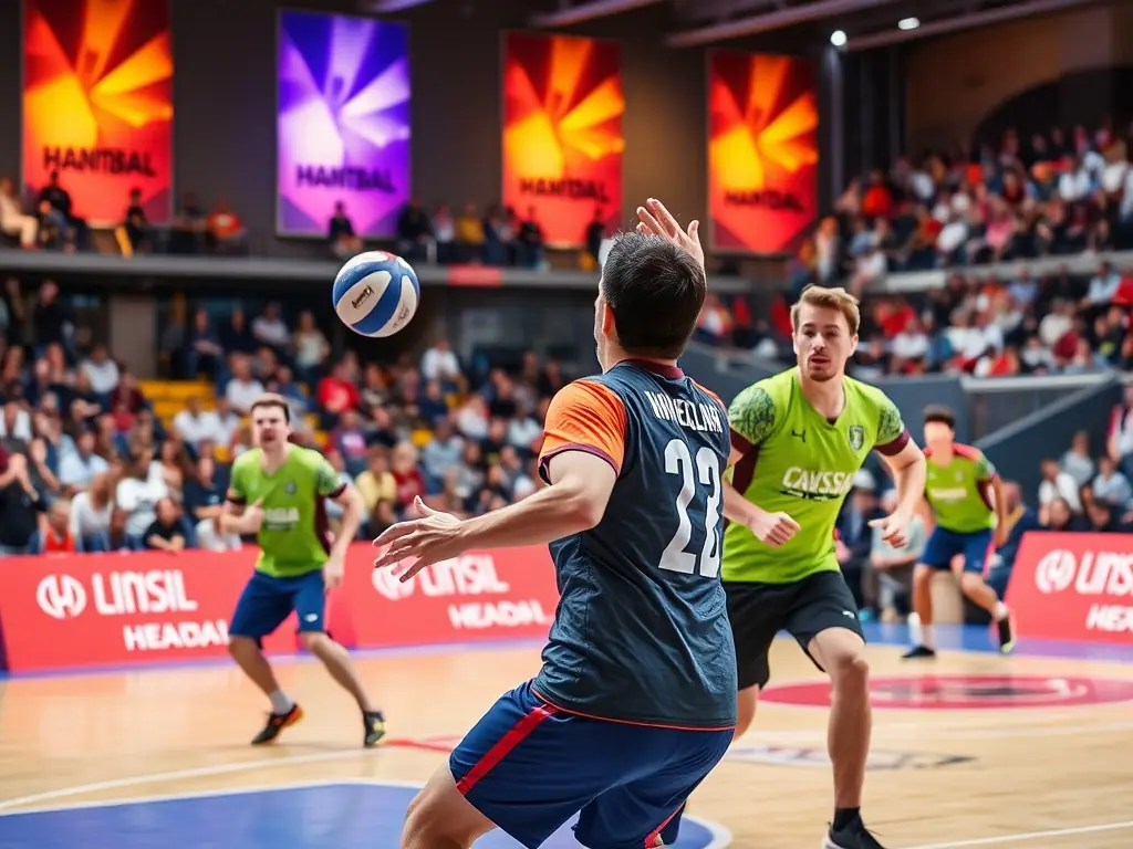 A dynamic shot of a handball player in action during a Wintercup match, showcasing intense focus and athleticism, set against a backdrop of cheering fans and vibrant event branding.