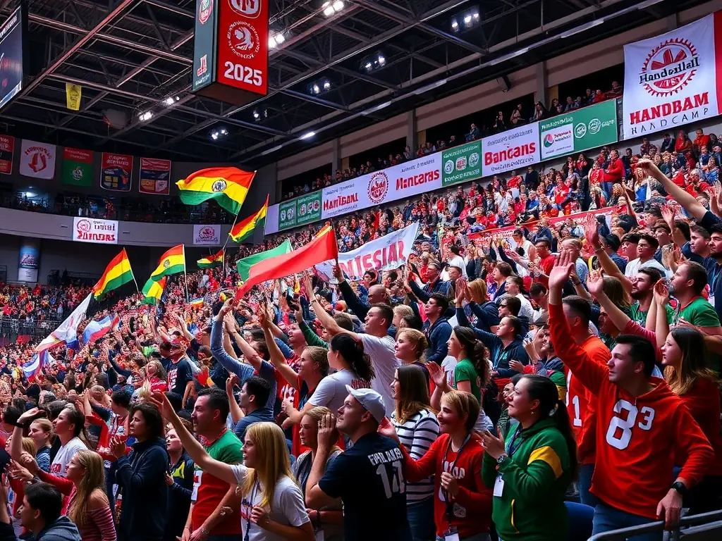 A panoramic view of the Handball Campus OWL venue, filled with enthusiastic fans and players during a tournament, highlighting the vibrant atmosphere of the event.