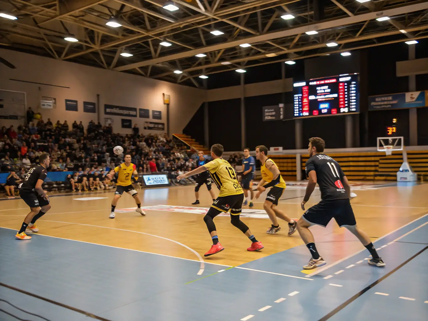 A dynamic action shot of senior handball players competing fiercely during a Handball Campus OWL tournament, showcasing their athleticism and teamwork.