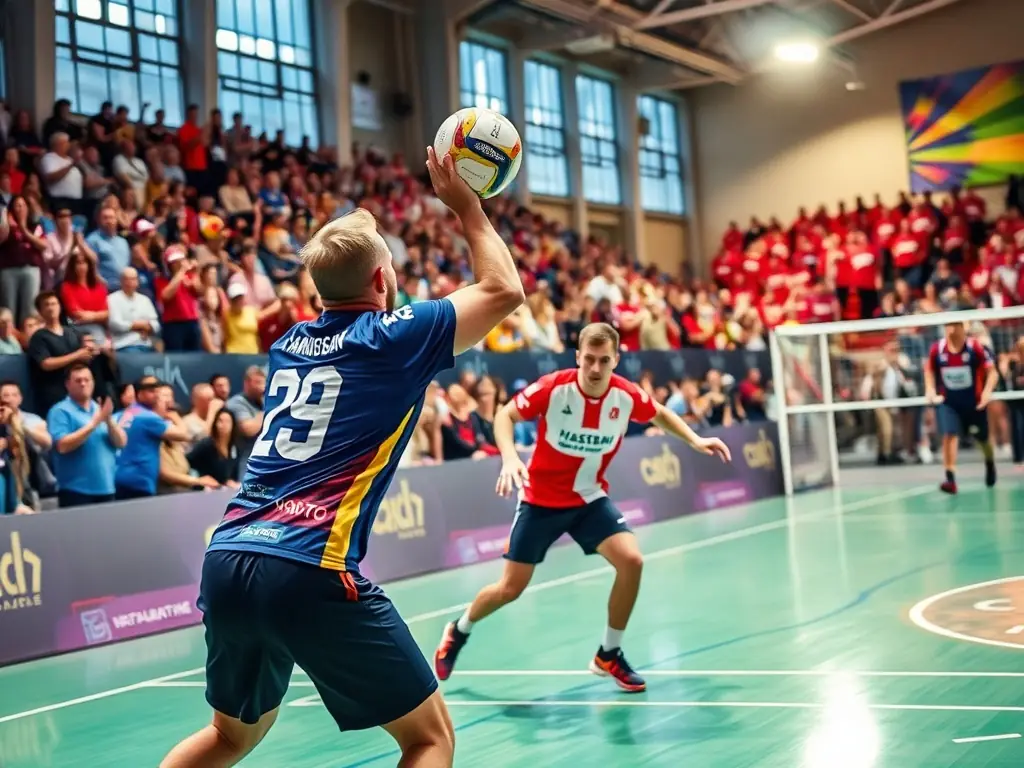 A photograph capturing the excitement and camaraderie of the Damen-Turnier, featuring female handball players celebrating a goal at Handball Campus OWL.